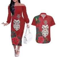 Maori Wheku Meri Kirihimete Personalised Couples Matching Off The Shoulder Long Sleeve Dress and Hawaiian Shirt All Red Indigenous Maori Motif LT9 Red - Polynesian Pride