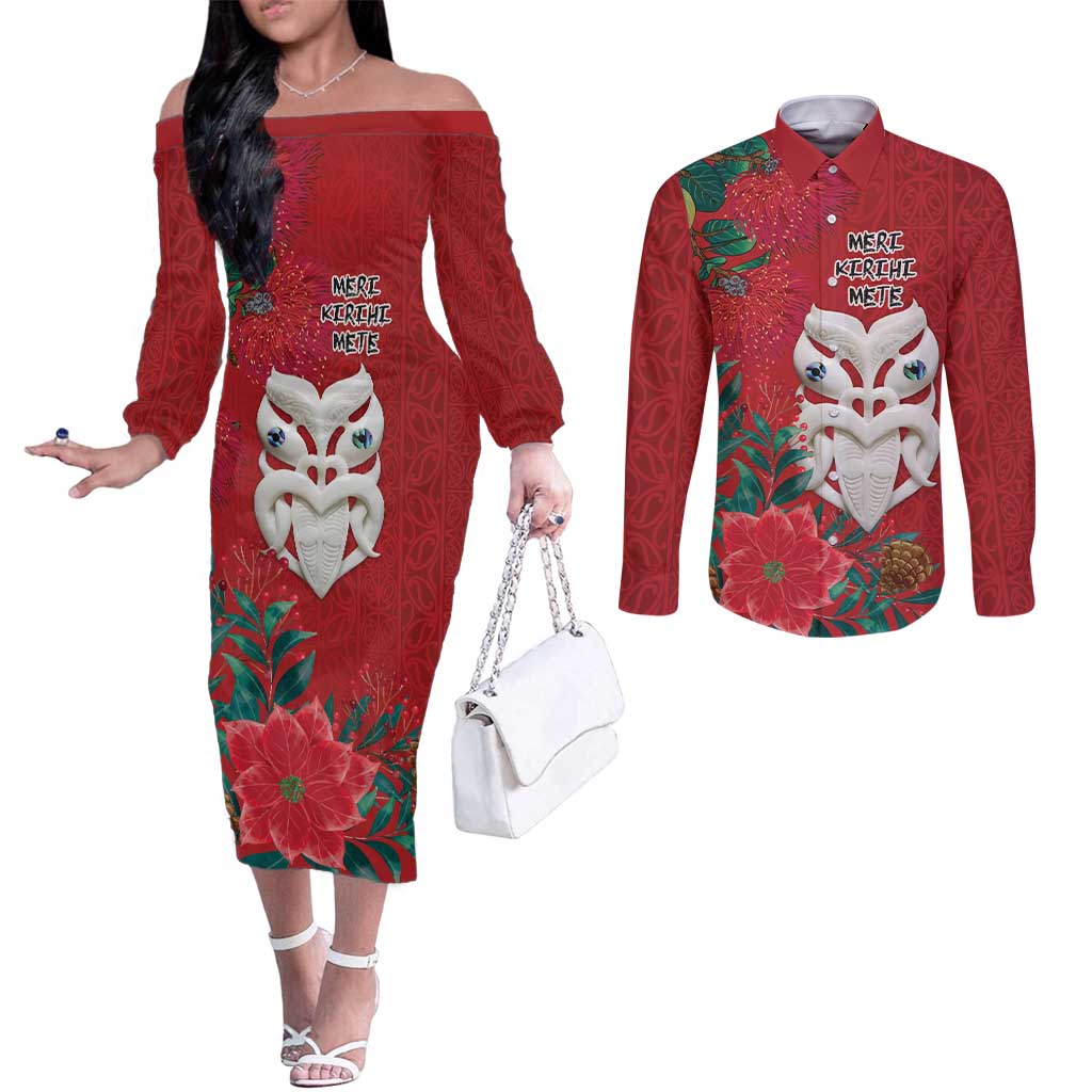 Maori Wheku Meri Kirihimete Personalised Couples Matching Off The Shoulder Long Sleeve Dress and Long Sleeve Button Shirt All Red Indigenous Maori Motif LT9 Red - Polynesian Pride