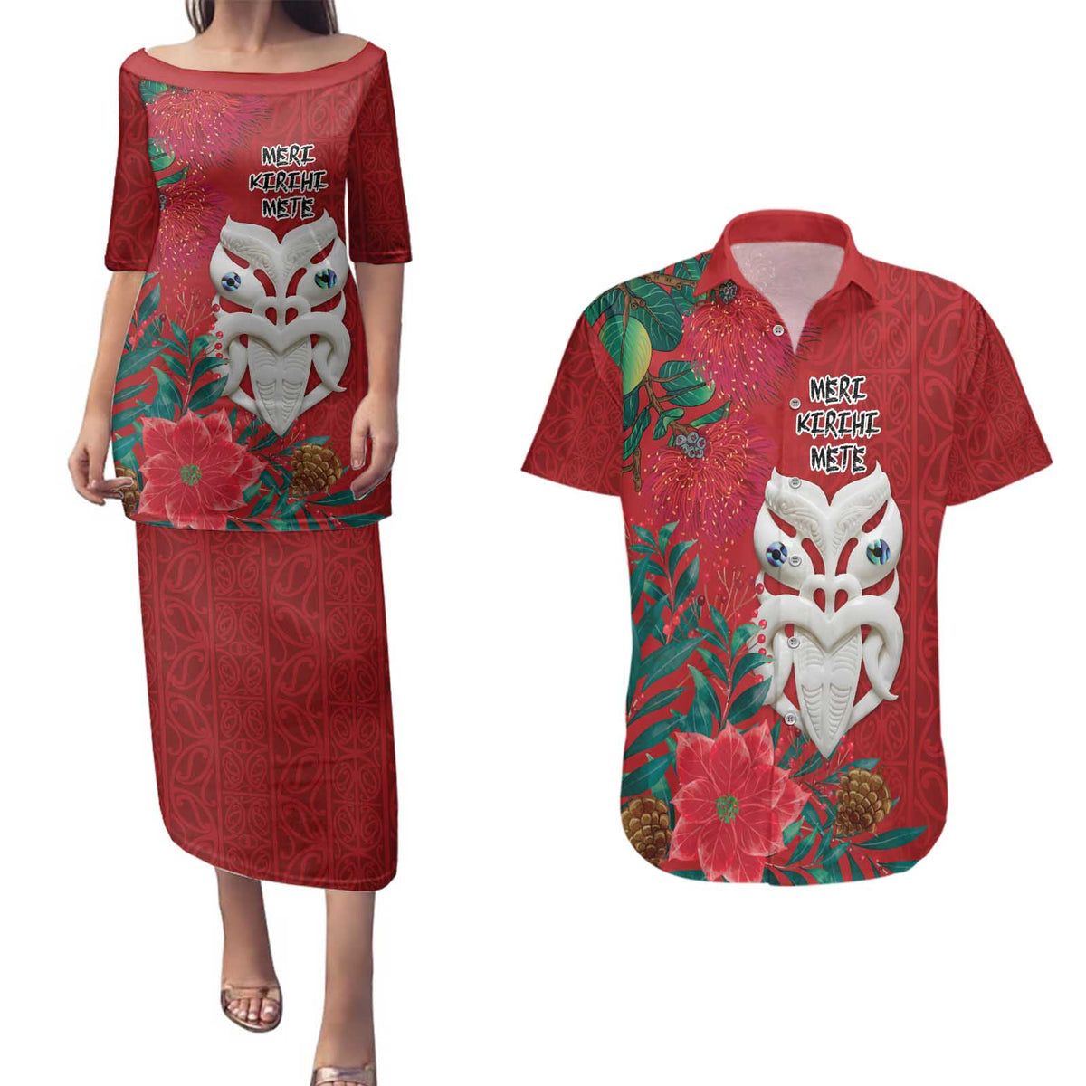 Maori Wheku Meri Kirihimete Personalised Couples Matching Puletasi and Hawaiian Shirt All Red Indigenous Maori Motif LT9 Red - Polynesian Pride