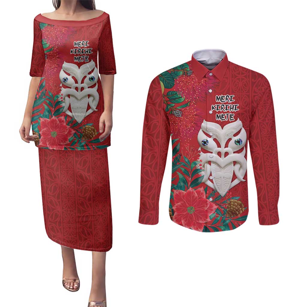 Maori Wheku Meri Kirihimete Personalised Couples Matching Puletasi and Long Sleeve Button Shirt All Red Indigenous Maori Motif LT9 Red - Polynesian Pride