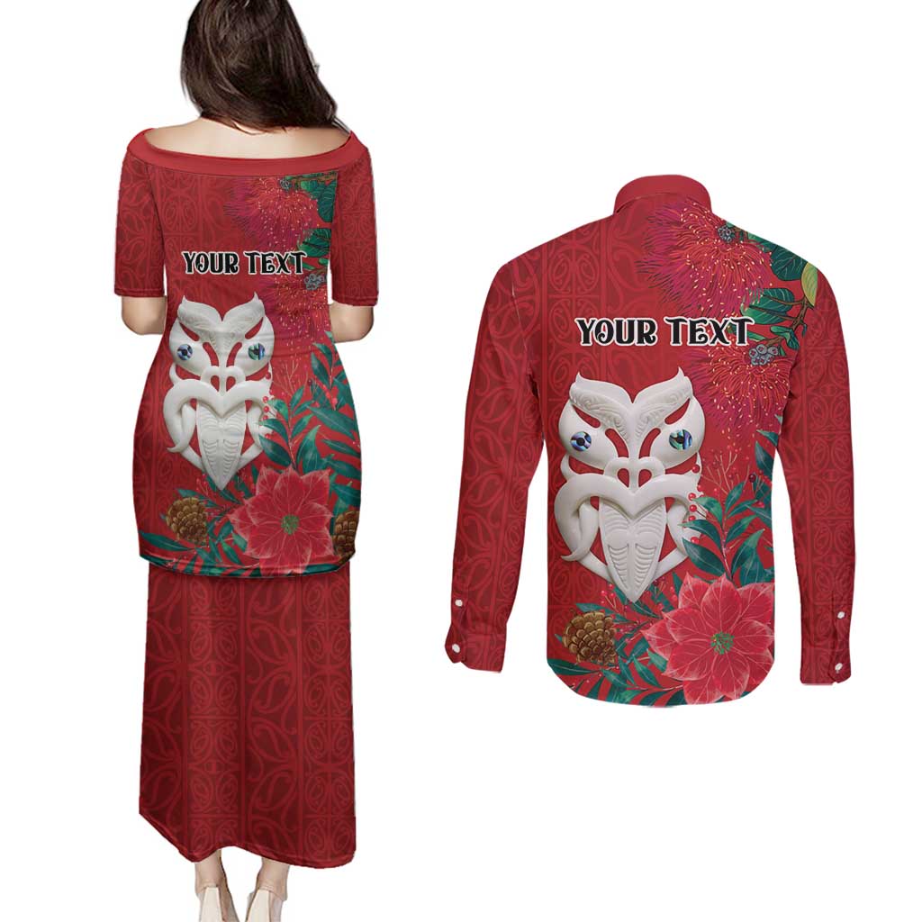Maori Wheku Meri Kirihimete Personalised Couples Matching Puletasi and Long Sleeve Button Shirt All Red Indigenous Maori Motif LT9 - Polynesian Pride