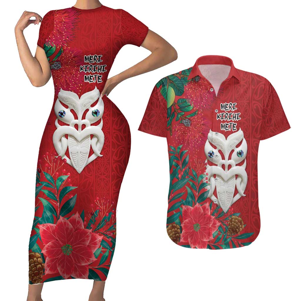 Maori Wheku Meri Kirihimete Personalised Couples Matching Short Sleeve Bodycon Dress and Hawaiian Shirt All Red Indigenous Maori Motif LT9 Red - Polynesian Pride