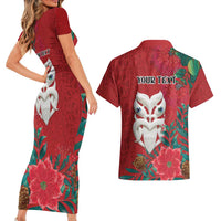 Maori Wheku Meri Kirihimete Personalised Couples Matching Short Sleeve Bodycon Dress and Hawaiian Shirt All Red Indigenous Maori Motif LT9 - Polynesian Pride