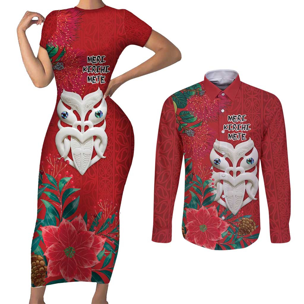 Maori Wheku Meri Kirihimete Personalised Couples Matching Short Sleeve Bodycon Dress and Long Sleeve Button Shirt All Red Indigenous Maori Motif LT9 Red - Polynesian Pride