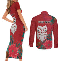 Maori Wheku Meri Kirihimete Personalised Couples Matching Short Sleeve Bodycon Dress and Long Sleeve Button Shirt All Red Indigenous Maori Motif LT9 - Polynesian Pride