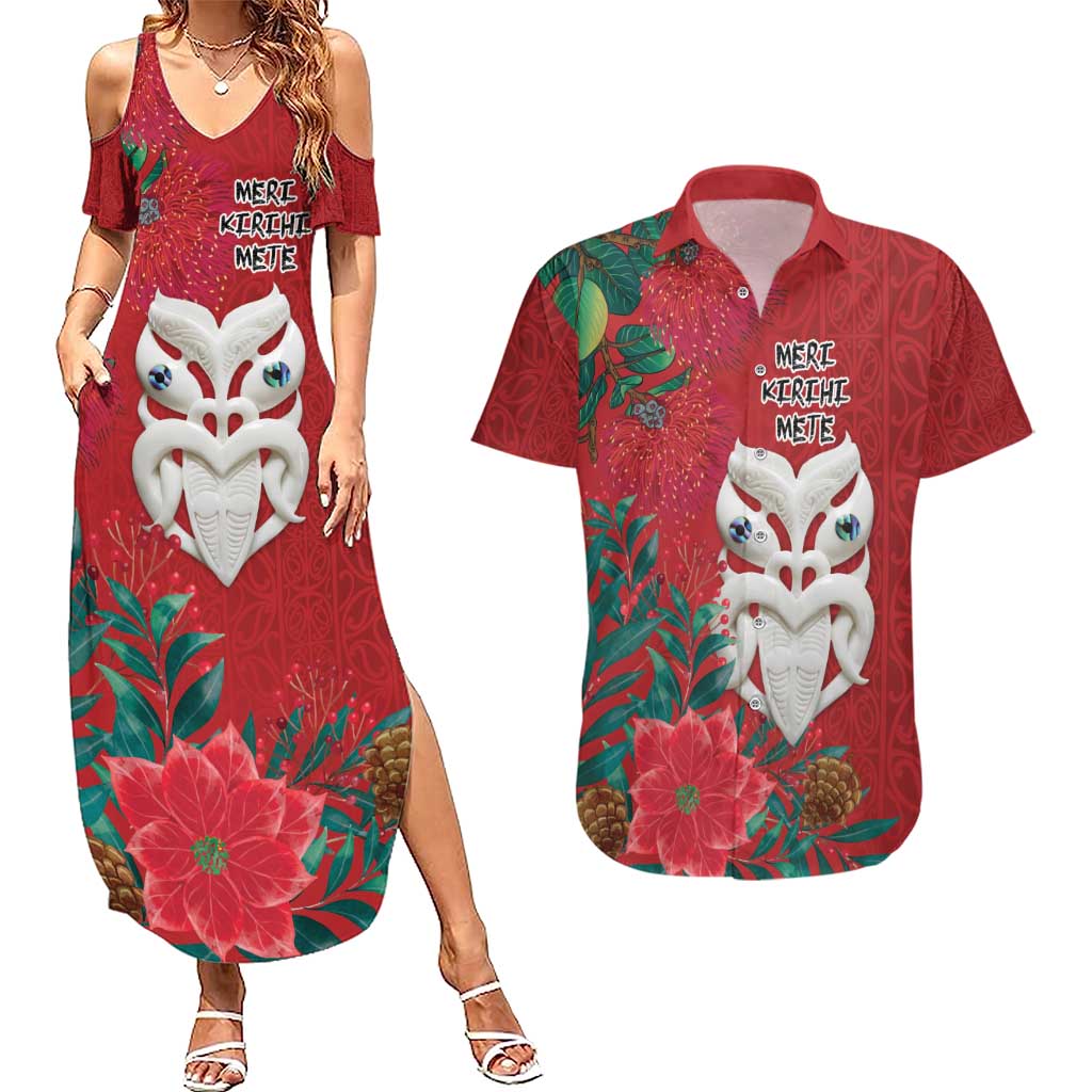 Maori Wheku Meri Kirihimete Personalised Couples Matching Summer Maxi Dress and Hawaiian Shirt All Red Indigenous Maori Motif LT9 Red - Polynesian Pride