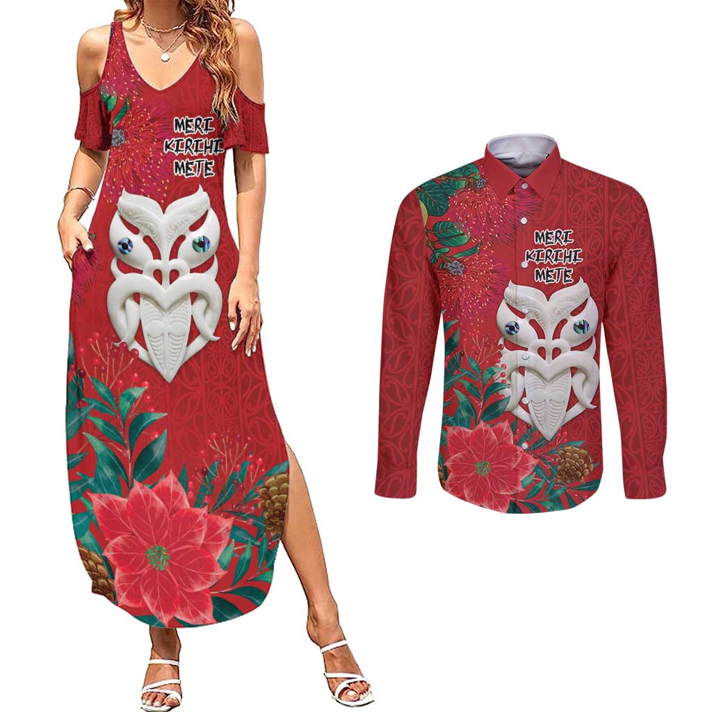 Maori Wheku Meri Kirihimete Personalised Couples Matching Summer Maxi Dress and Long Sleeve Button Shirt All Red Indigenous Maori Motif LT9 Red - Polynesian Pride