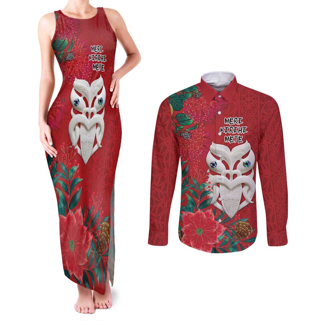 Maori Wheku Meri Kirihimete Personalised Couples Matching Tank Maxi Dress and Long Sleeve Button Shirt All Red Indigenous Maori Motif LT9 Red - Polynesian Pride