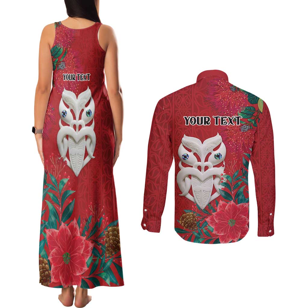 Maori Wheku Meri Kirihimete Personalised Couples Matching Tank Maxi Dress and Long Sleeve Button Shirt All Red Indigenous Maori Motif LT9 - Polynesian Pride