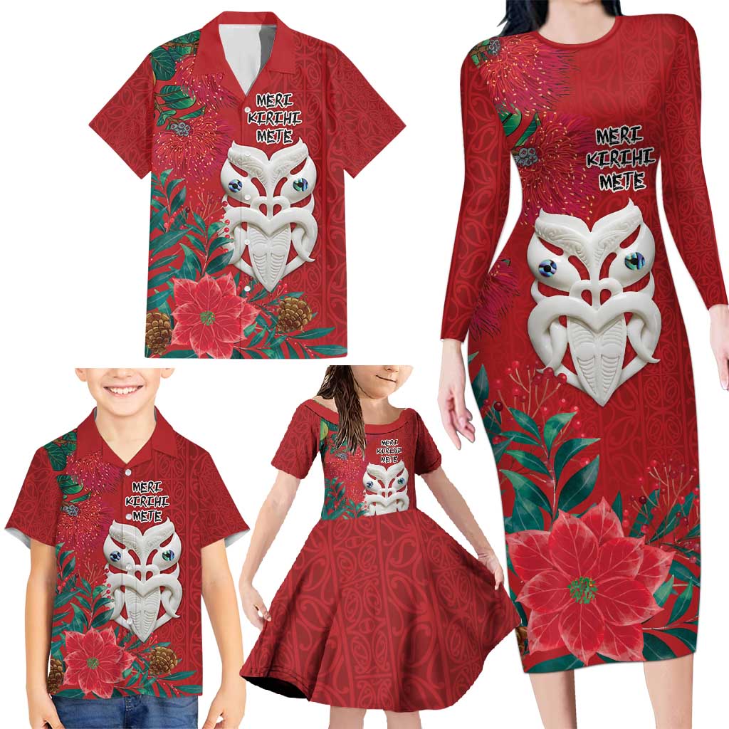 Maori Wheku Meri Kirihimete Personalised Family Matching Long Sleeve Bodycon Dress and Hawaiian Shirt All Red Indigenous Maori Motif LT9 - Polynesian Pride