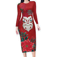 Maori Wheku Meri Kirihimete Personalised Family Matching Long Sleeve Bodycon Dress and Hawaiian Shirt All Red Indigenous Maori Motif LT9 Mom's Dress Red - Polynesian Pride