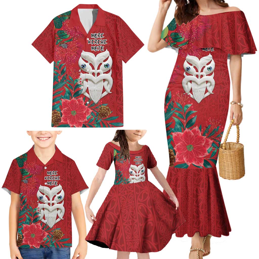 Maori Wheku Meri Kirihimete Personalised Family Matching Mermaid Dress and Hawaiian Shirt All Red Indigenous Maori Motif LT9 - Polynesian Pride