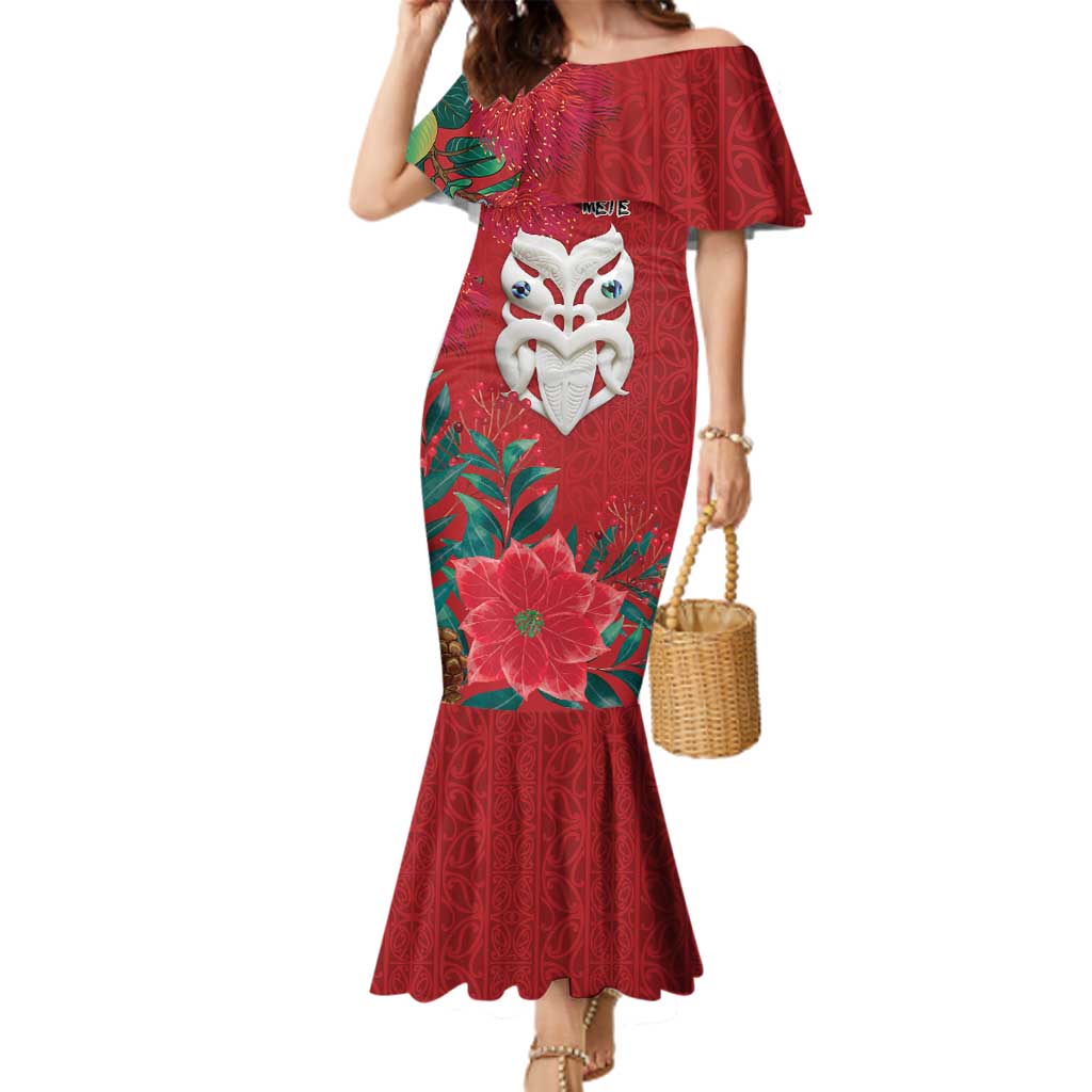 Maori Wheku Meri Kirihimete Personalised Family Matching Mermaid Dress and Hawaiian Shirt All Red Indigenous Maori Motif LT9 Mom's Dress Red - Polynesian Pride