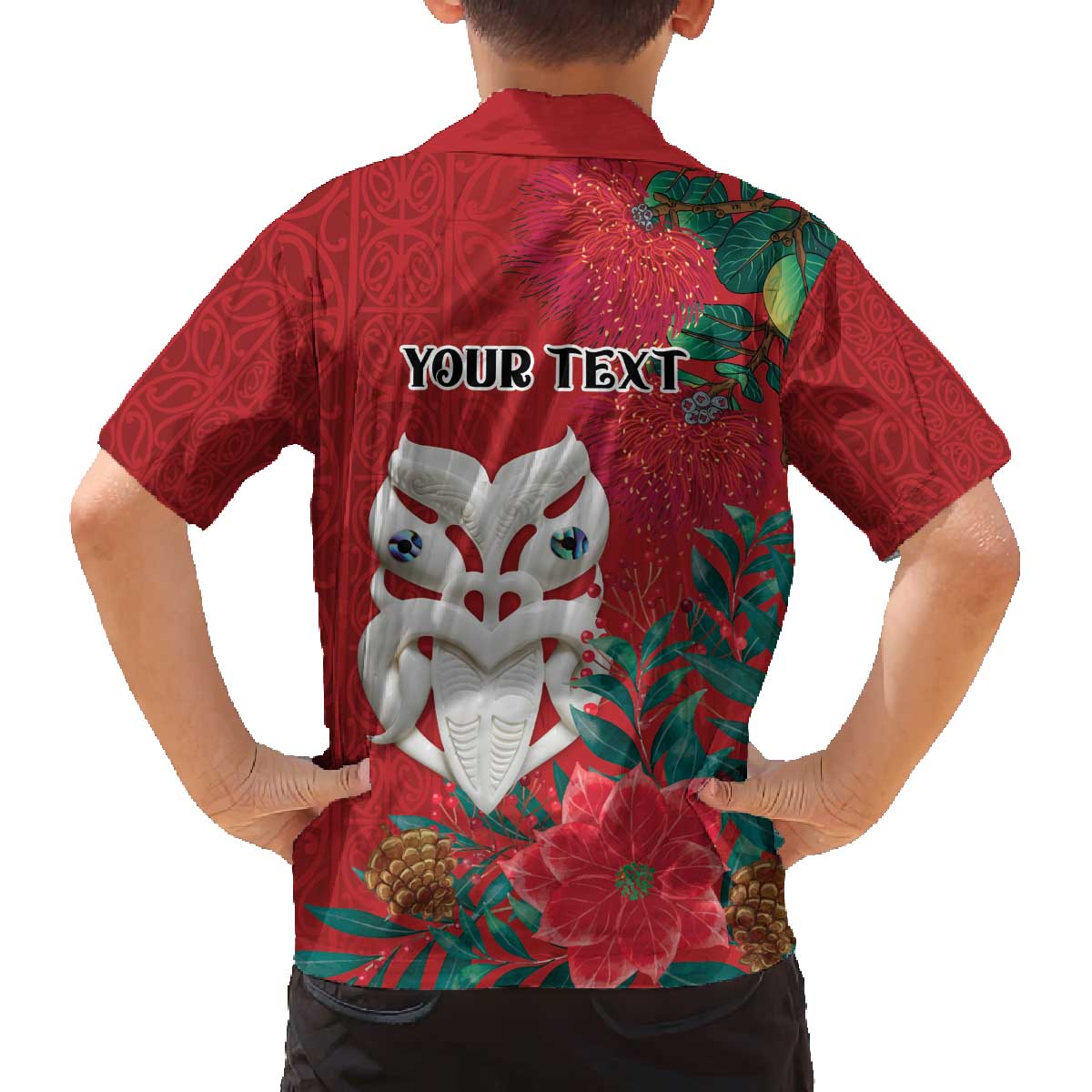 Maori Wheku Meri Kirihimete Personalised Family Matching Off The Shoulder Long Sleeve Dress and Hawaiian Shirt All Red Indigenous Maori Motif LT9 - Polynesian Pride