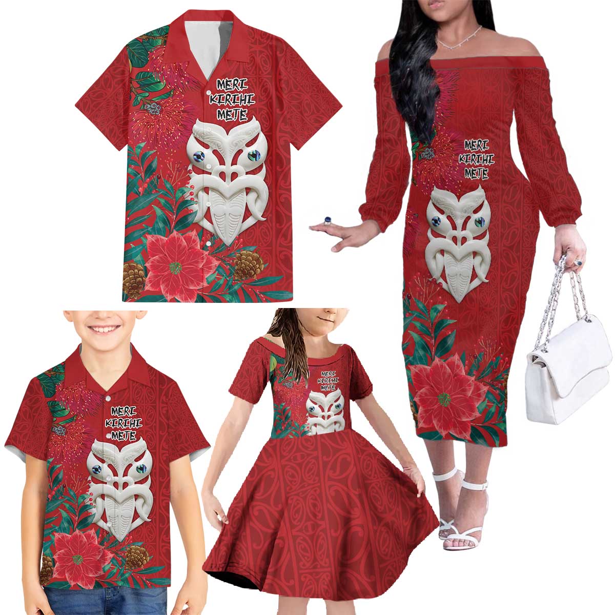 Maori Wheku Meri Kirihimete Personalised Family Matching Off The Shoulder Long Sleeve Dress and Hawaiian Shirt All Red Indigenous Maori Motif LT9 - Polynesian Pride