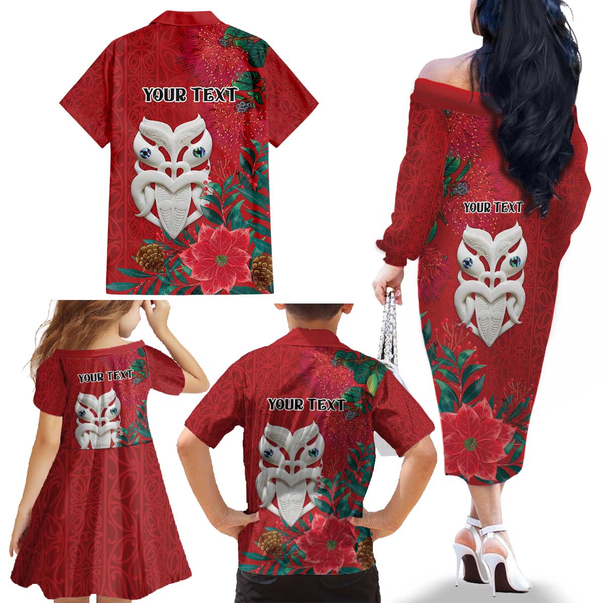 Maori Wheku Meri Kirihimete Personalised Family Matching Off The Shoulder Long Sleeve Dress and Hawaiian Shirt All Red Indigenous Maori Motif LT9 - Polynesian Pride