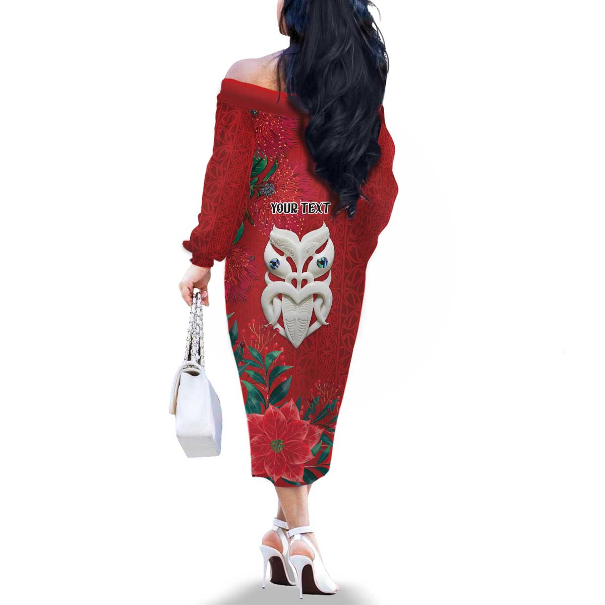 Maori Wheku Meri Kirihimete Personalised Family Matching Off The Shoulder Long Sleeve Dress and Hawaiian Shirt All Red Indigenous Maori Motif LT9 - Polynesian Pride