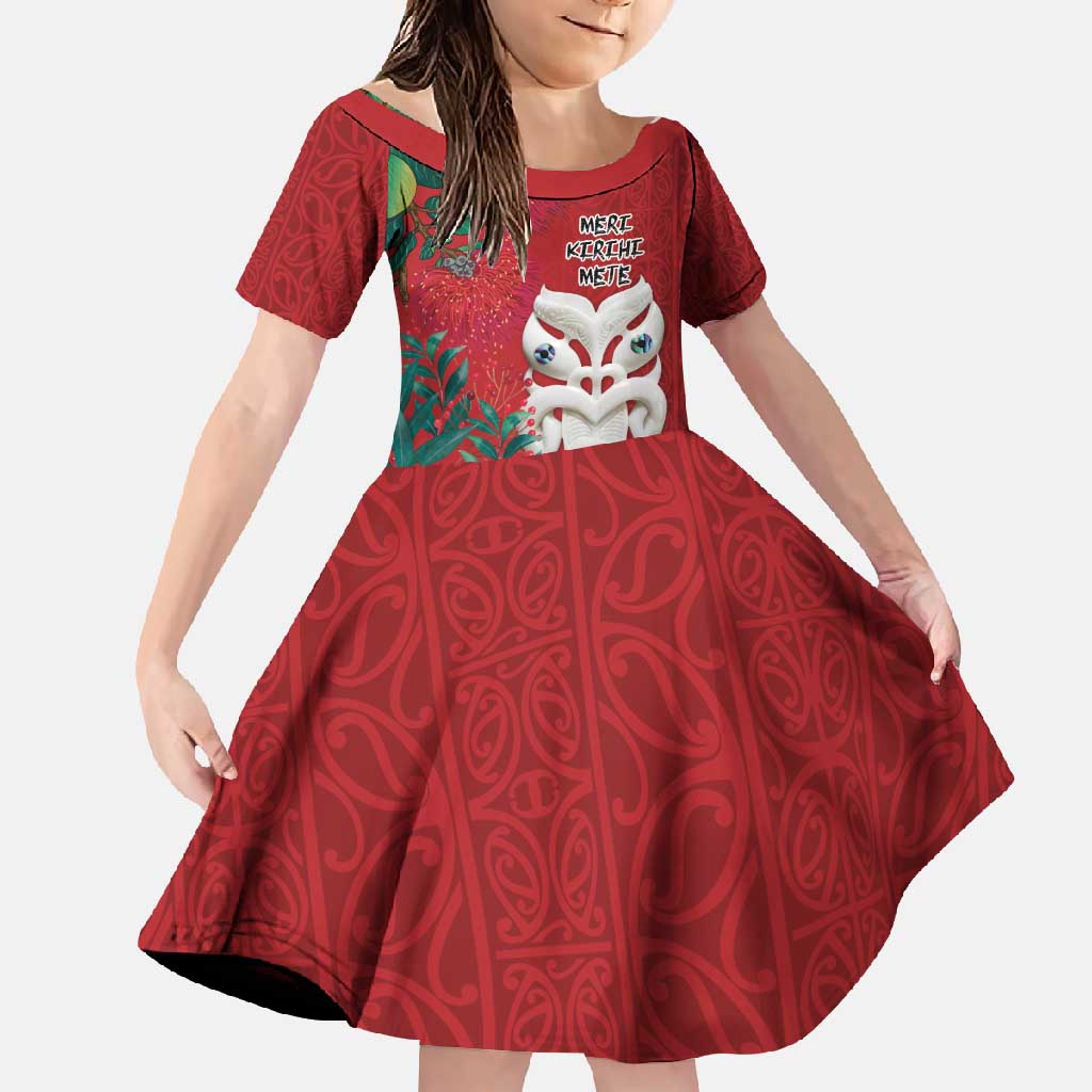 Maori Wheku Meri Kirihimete Personalised Family Matching Off Shoulder Maxi Dress and Hawaiian Shirt All Red Indigenous Maori Motif LT9 Daughter's Dress Red - Polynesian Pride