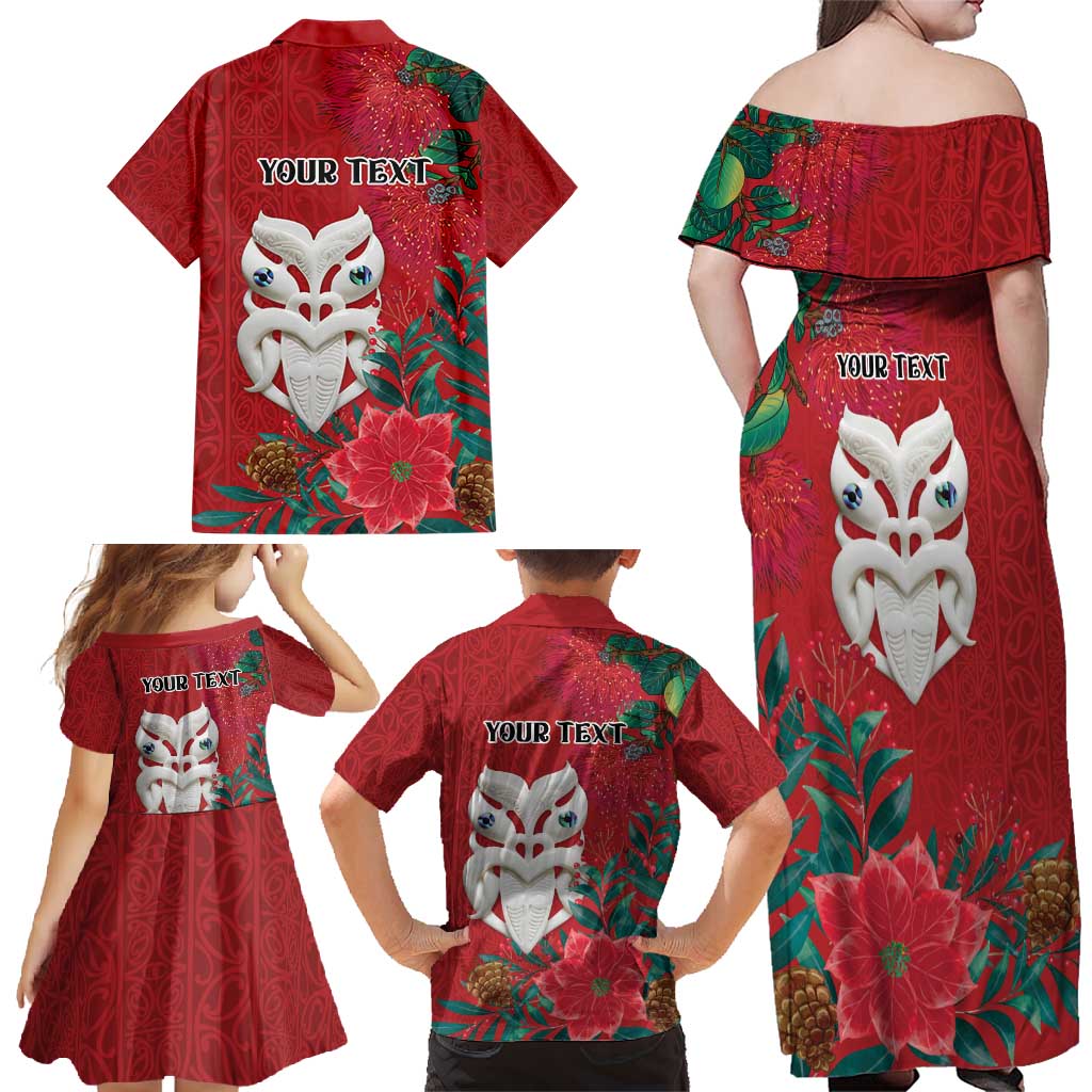 Maori Wheku Meri Kirihimete Personalised Family Matching Off Shoulder Maxi Dress and Hawaiian Shirt All Red Indigenous Maori Motif LT9 - Polynesian Pride