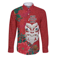Maori Wheku Meri Kirihimete Personalised Family Matching Off Shoulder Maxi Dress and Hawaiian Shirt All Red Indigenous Maori Motif LT9 Dad's Shirt - Long Sleeve Red - Polynesian Pride