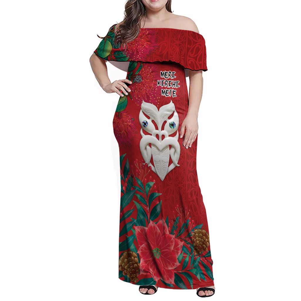 Maori Wheku Meri Kirihimete Personalised Family Matching Off Shoulder Maxi Dress and Hawaiian Shirt All Red Indigenous Maori Motif LT9 Mom's Dress Red - Polynesian Pride