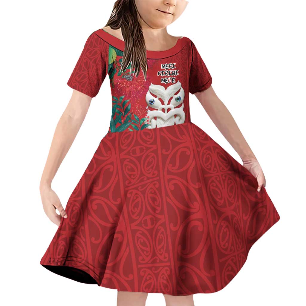 Maori Wheku Meri Kirihimete Personalised Family Matching Off Shoulder Short Dress and Hawaiian Shirt All Red Indigenous Maori Motif LT9 Daughter's Dress Red - Polynesian Pride