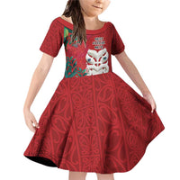 Maori Wheku Meri Kirihimete Personalised Family Matching Off Shoulder Short Dress and Hawaiian Shirt All Red Indigenous Maori Motif LT9 Daughter's Dress Red - Polynesian Pride