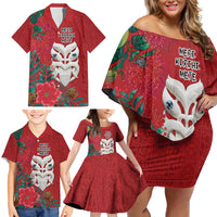 Maori Wheku Meri Kirihimete Personalised Family Matching Off Shoulder Short Dress and Hawaiian Shirt All Red Indigenous Maori Motif LT9 - Polynesian Pride