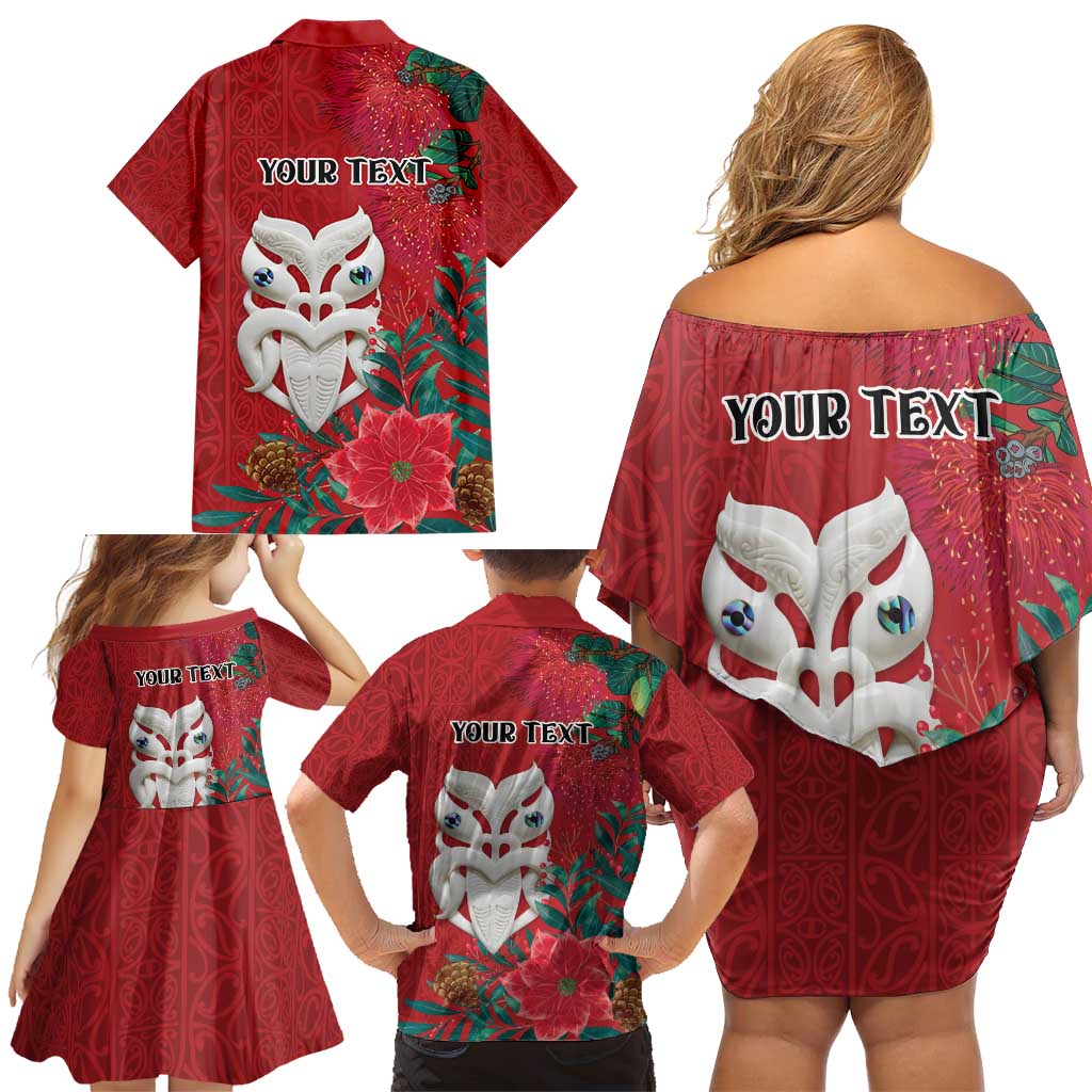 Maori Wheku Meri Kirihimete Personalised Family Matching Off Shoulder Short Dress and Hawaiian Shirt All Red Indigenous Maori Motif LT9 - Polynesian Pride