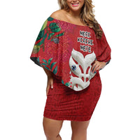 Maori Wheku Meri Kirihimete Personalised Family Matching Off Shoulder Short Dress and Hawaiian Shirt All Red Indigenous Maori Motif LT9 Mom's Dress Red - Polynesian Pride