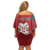 Maori Wheku Meri Kirihimete Personalised Family Matching Off Shoulder Short Dress and Hawaiian Shirt All Red Indigenous Maori Motif LT9 - Polynesian Pride