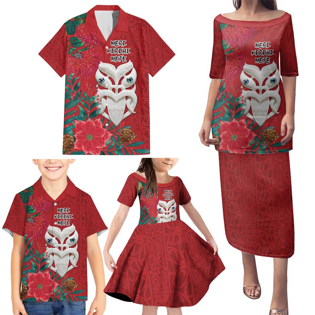 Maori Wheku Meri Kirihimete Personalised Family Matching Puletasi and Hawaiian Shirt All Red Indigenous Maori Motif LT9 - Polynesian Pride