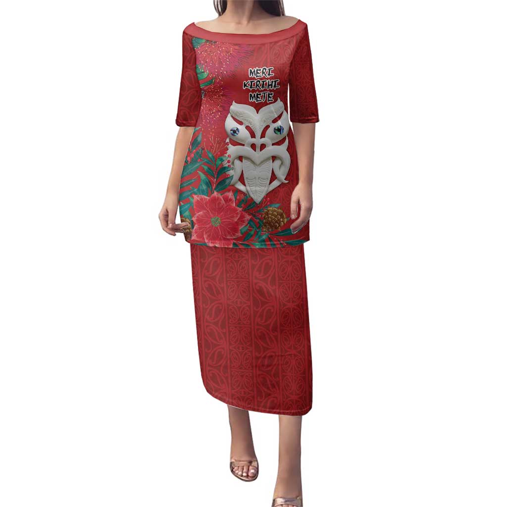 Maori Wheku Meri Kirihimete Personalised Family Matching Puletasi and Hawaiian Shirt All Red Indigenous Maori Motif LT9 Mom's Dress Red - Polynesian Pride