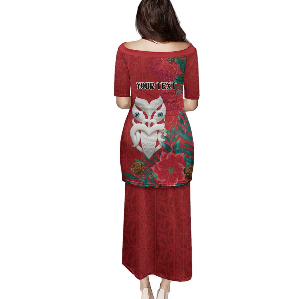 Maori Wheku Meri Kirihimete Personalised Family Matching Puletasi and Hawaiian Shirt All Red Indigenous Maori Motif LT9 - Polynesian Pride