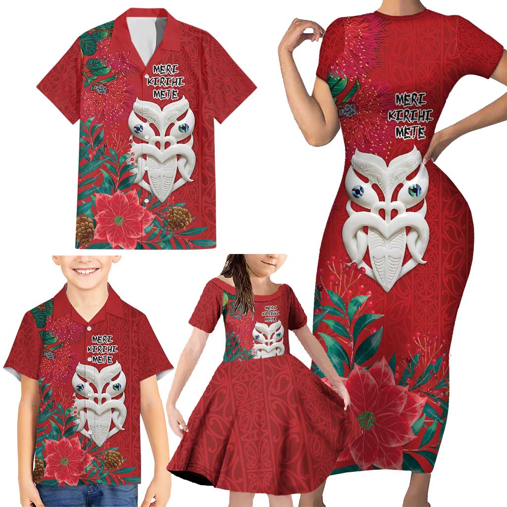 Maori Wheku Meri Kirihimete Personalised Family Matching Short Sleeve Bodycon Dress and Hawaiian Shirt All Red Indigenous Maori Motif LT9 - Polynesian Pride