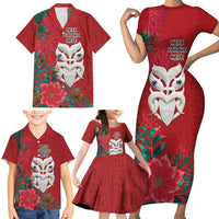Maori Wheku Meri Kirihimete Personalised Family Matching Short Sleeve Bodycon Dress and Hawaiian Shirt All Red Indigenous Maori Motif LT9 - Polynesian Pride