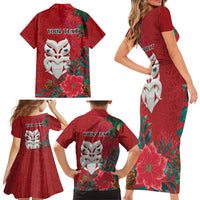 Maori Wheku Meri Kirihimete Personalised Family Matching Short Sleeve Bodycon Dress and Hawaiian Shirt All Red Indigenous Maori Motif LT9 - Polynesian Pride