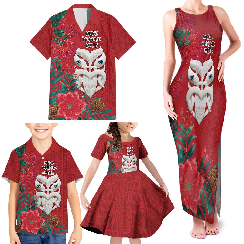 Maori Wheku Meri Kirihimete Personalised Family Matching Tank Maxi Dress and Hawaiian Shirt All Red Indigenous Maori Motif LT9 - Polynesian Pride