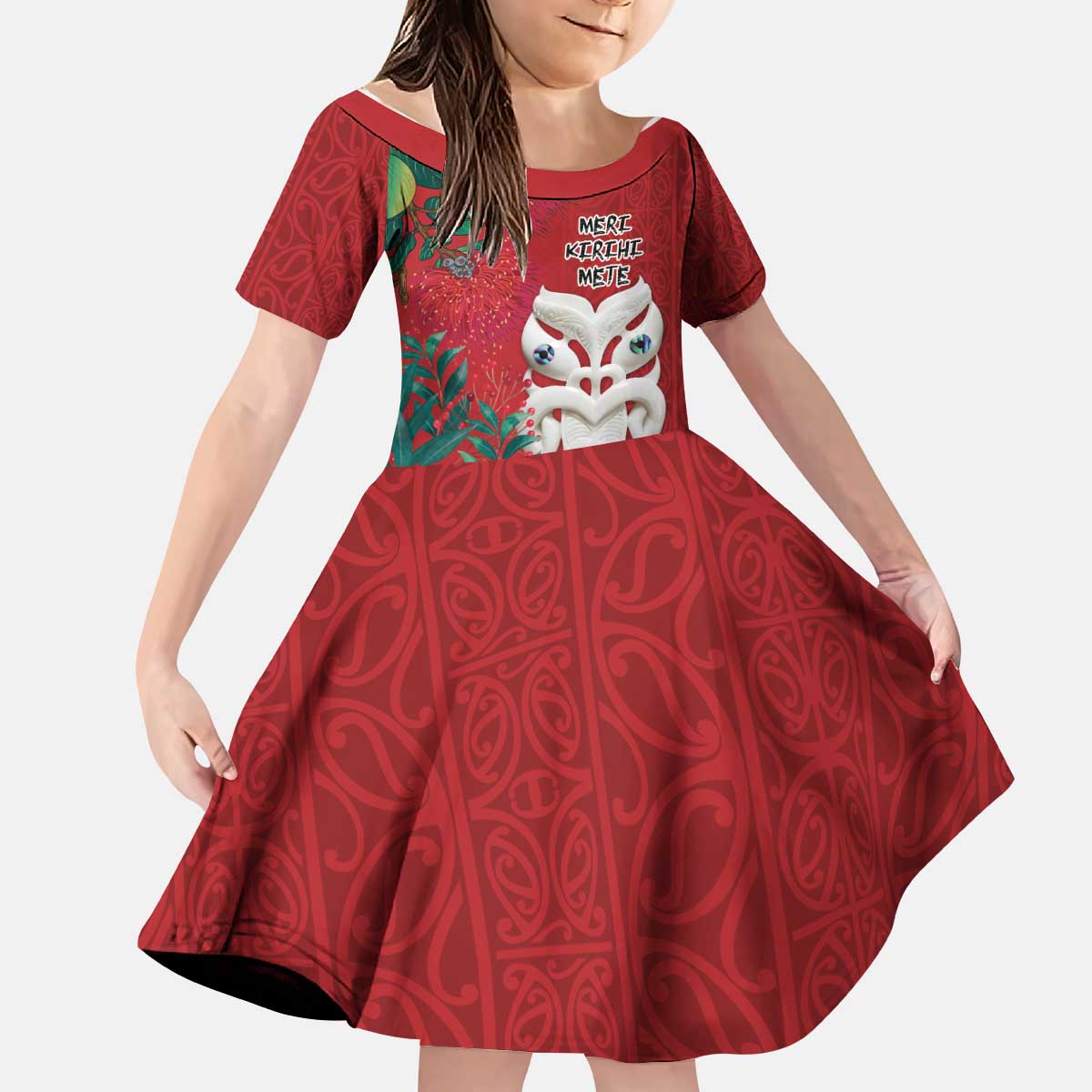 Maori Wheku Meri Kirihimete Personalised Kid Short Sleeve Dress All Red Indigenous Maori Motif LT9 KID Red - Polynesian Pride