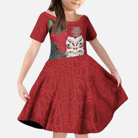 Maori Wheku Meri Kirihimete Personalised Kid Short Sleeve Dress All Red Indigenous Maori Motif LT9 KID Red - Polynesian Pride