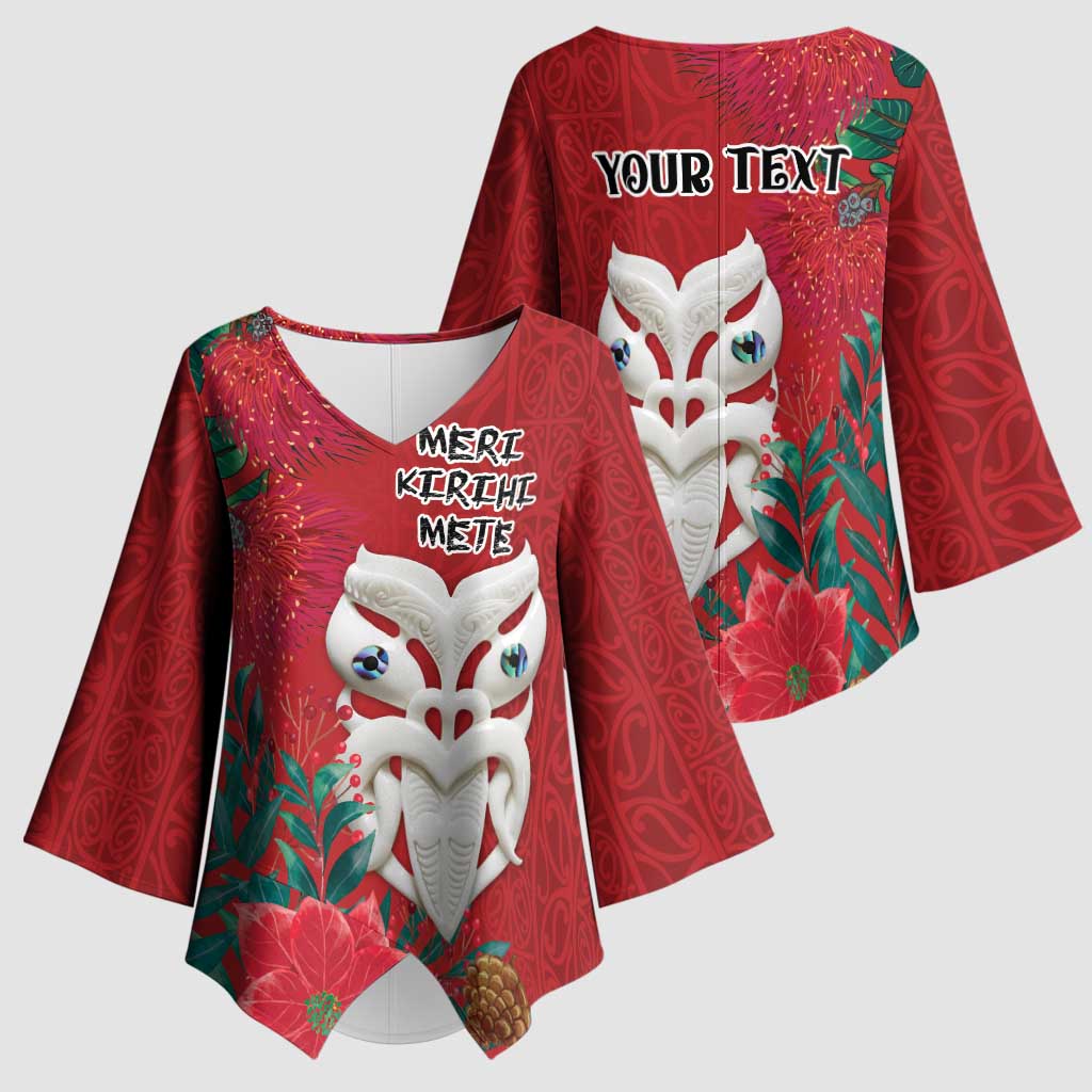 Maori Wheku Meri Kirihimete Personalised Kimono Sleeve Blouse All Red Indigenous Maori Motif LT9 - Polynesian Pride
