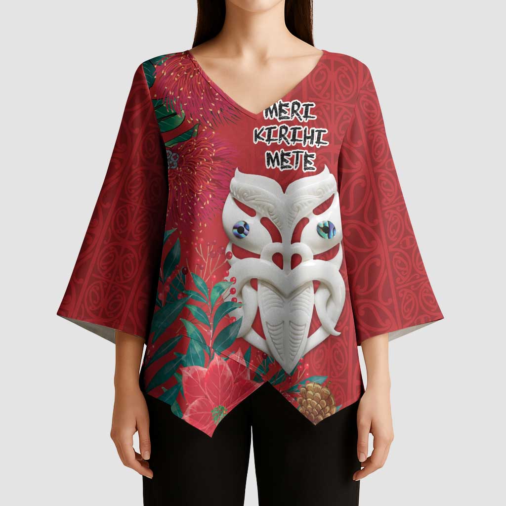 Maori Wheku Meri Kirihimete Personalised Kimono Sleeve Blouse All Red Indigenous Maori Motif LT9 - Polynesian Pride