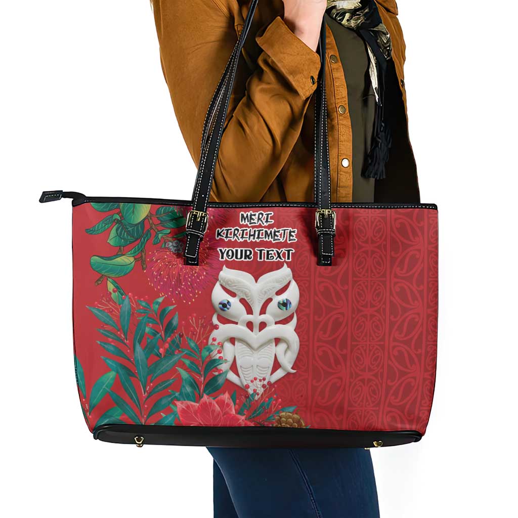 Maori Wheku Meri Kirihimete Personalised Leather Tote Bag All Red Indigenous Maori Motif LT9 - Polynesian Pride