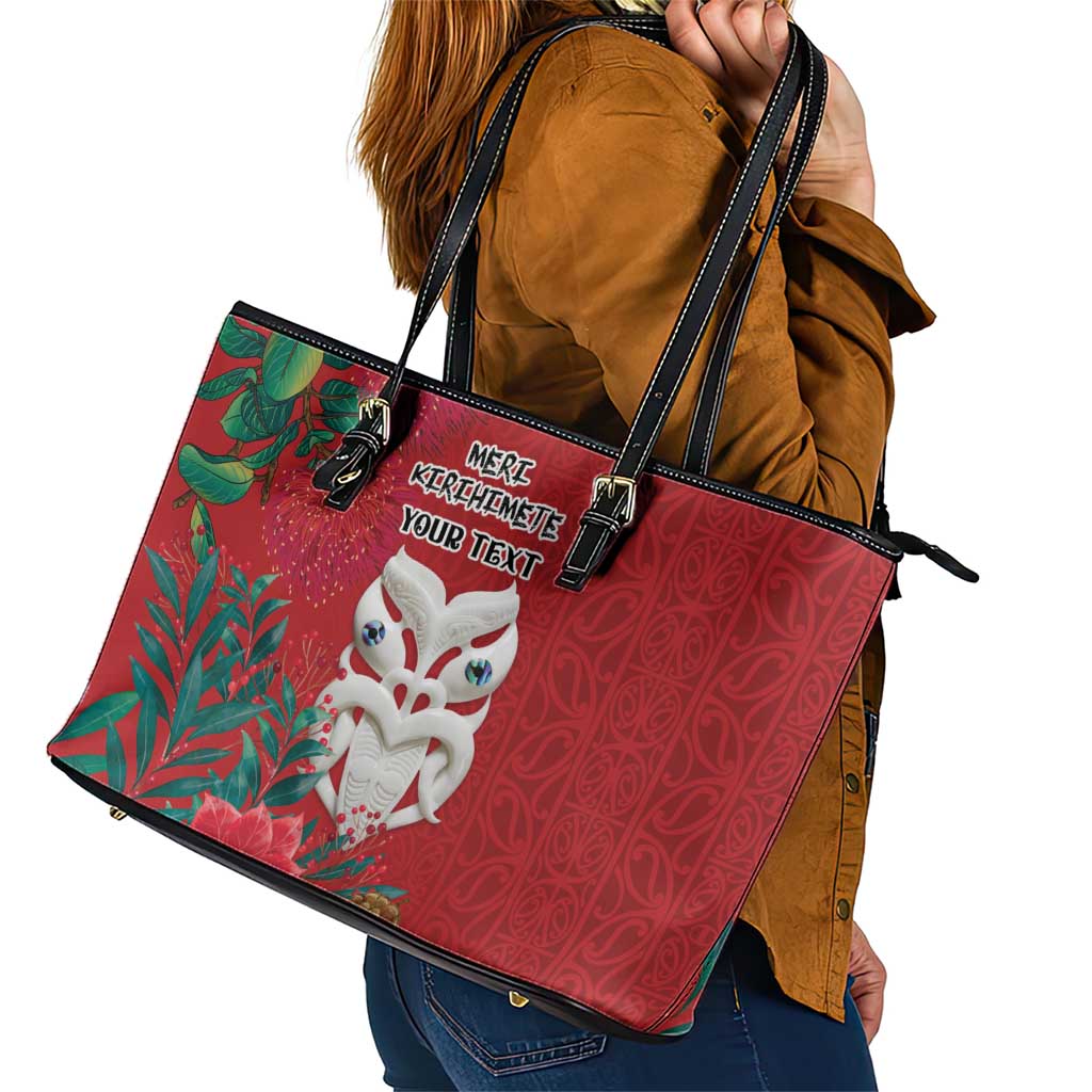 Maori Wheku Meri Kirihimete Personalised Leather Tote Bag All Red Indigenous Maori Motif LT9 - Polynesian Pride