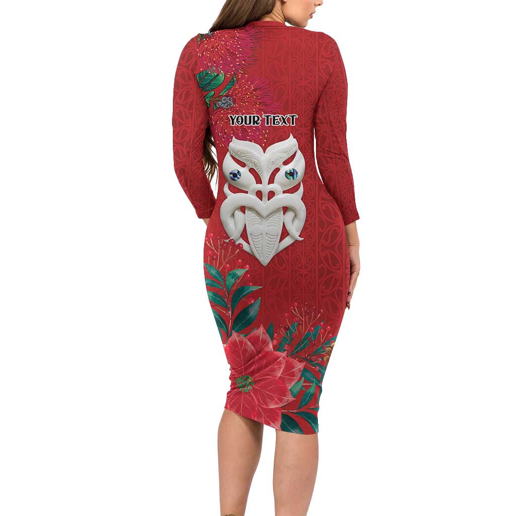 Maori Wheku Meri Kirihimete Personalised Long Sleeve Bodycon Dress All Red Indigenous Maori Motif LT9 - Polynesian Pride