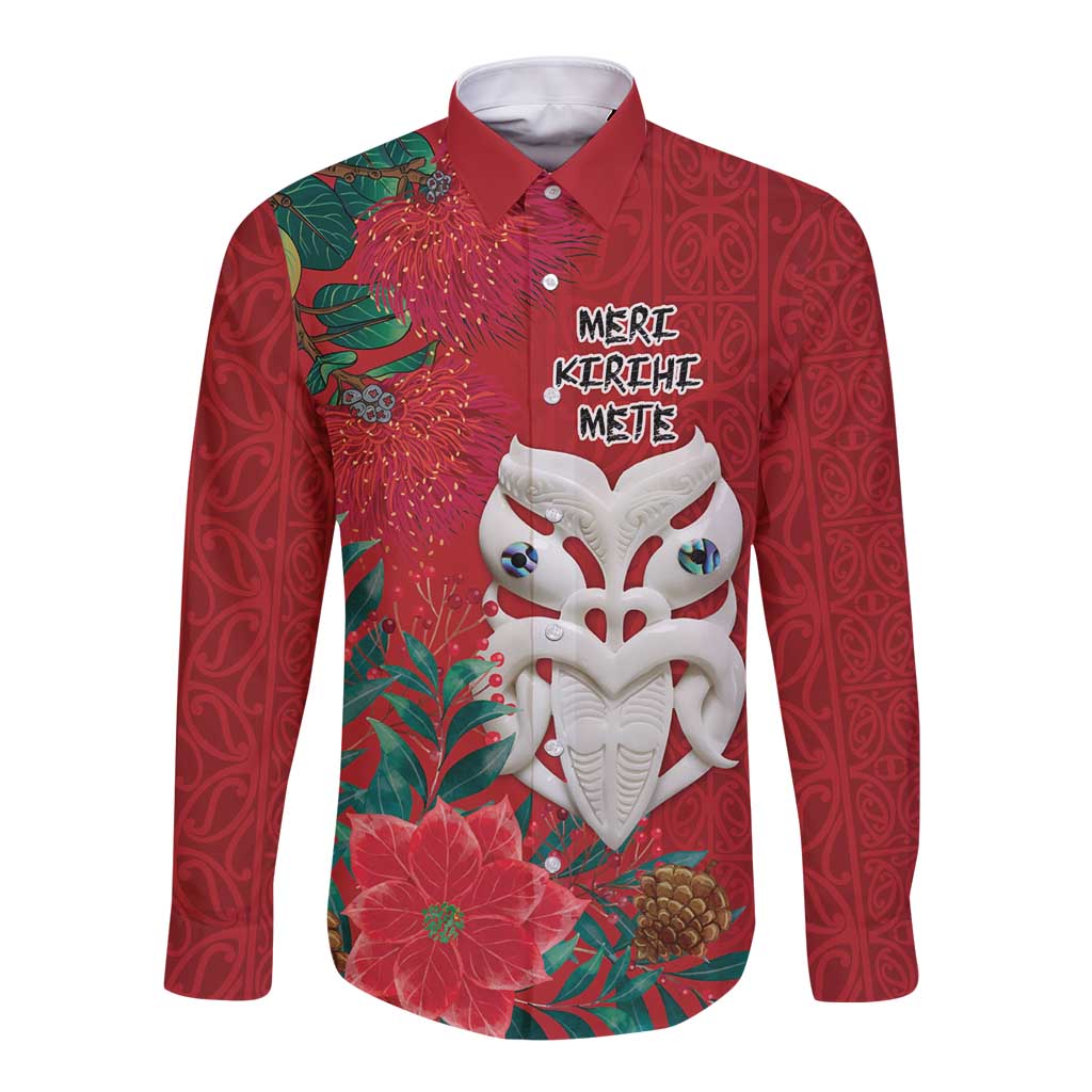 Maori Wheku Meri Kirihimete Personalised Long Sleeve Button Shirt All Red Indigenous Maori Motif LT9 Unisex Red - Polynesian Pride