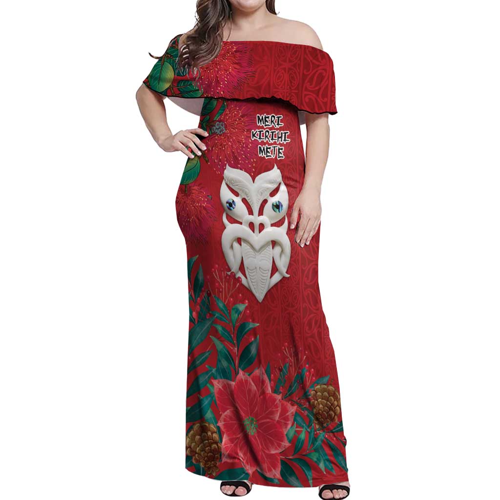 Maori Wheku Meri Kirihimete Personalised Off Shoulder Maxi Dress All Red Indigenous Maori Motif LT9 Women Red - Polynesian Pride