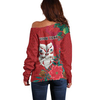 Maori Wheku Meri Kirihimete Personalised Off Shoulder Sweater All Red Indigenous Maori Motif - Polynesian Pride