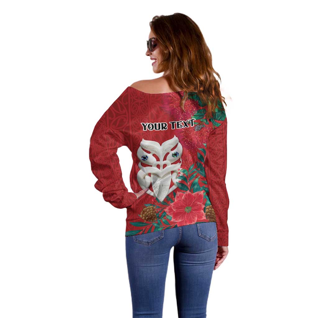 Maori Wheku Meri Kirihimete Personalised Off Shoulder Sweater All Red Indigenous Maori Motif - Polynesian Pride