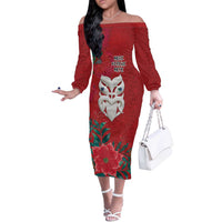 Maori Wheku Meri Kirihimete Personalised Off The Shoulder Long Sleeve Dress All Red Indigenous Maori Motif LT9 Women Red - Polynesian Pride